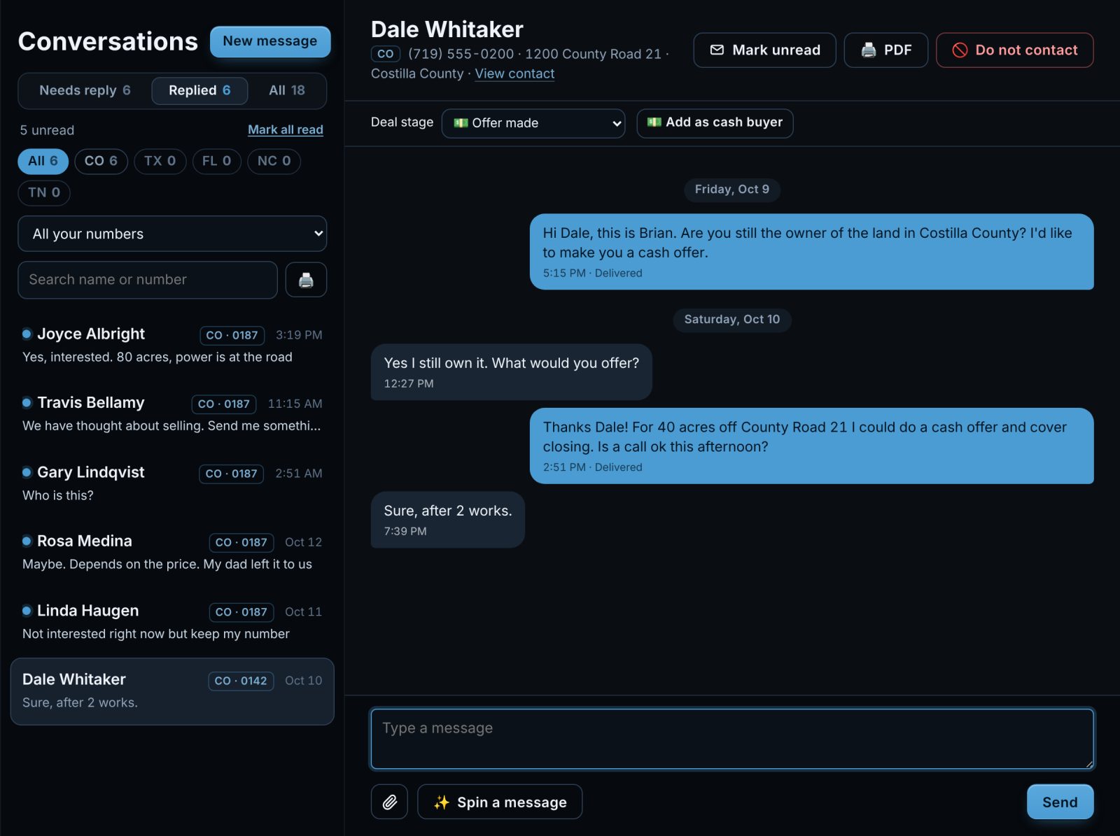 The Conversations inbox: a list of land owner replies on the left and a text thread with Dale Whitaker about 40 acres on the right, with the deal stage set to Offer made.