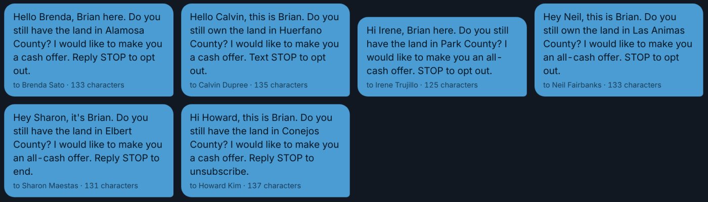 Six sample texts from one campaign, each worded differently: Hi Brenda, Hello Calvin, Hey Neil, with different phrasing and opt-out lines.